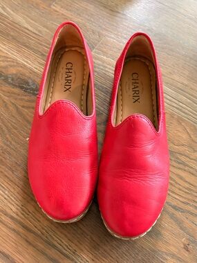 CHARIX Red Slip-On Leather Loafers